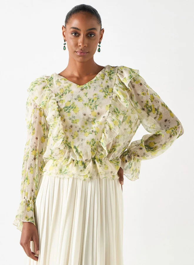 2Xtremz 2Xtremz All-Over Floral Print Top with V-neck and Ruffle Detail