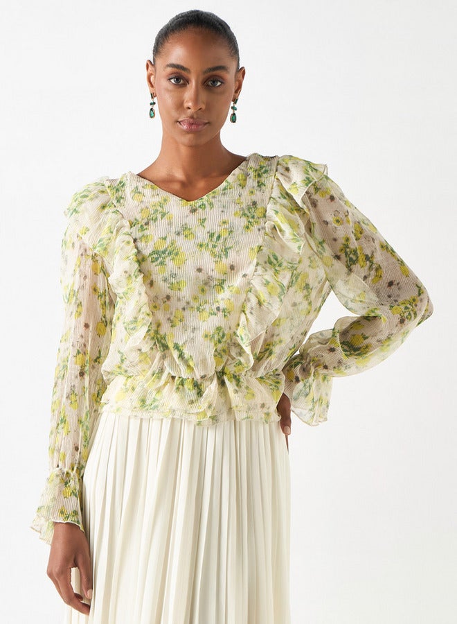 تواكستريمز بلوزة بطبعة زهور شاملة بياقة على شكل  وتفاصيل كشكش - Image 1