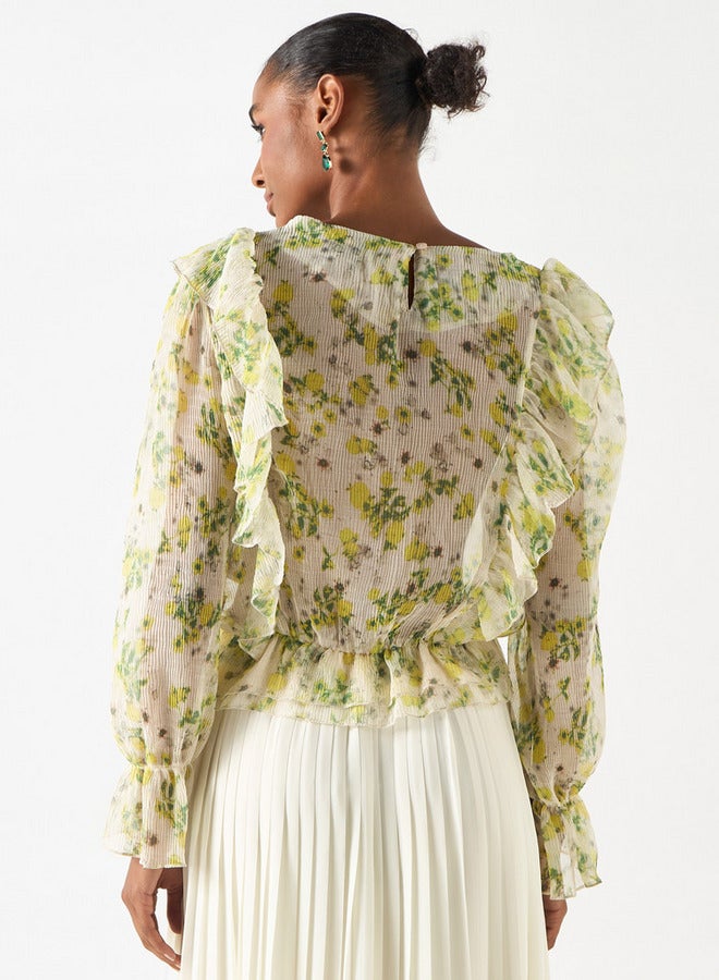 تواكستريمز بلوزة بطبعة زهور شاملة بياقة على شكل  وتفاصيل كشكش - Image 3