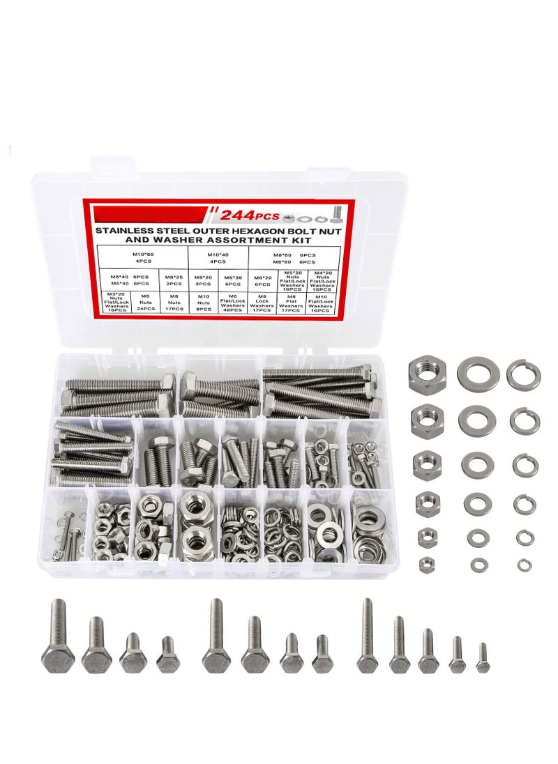 SYOSI M3 M4 M5 M6 M8 M10 Screws Bolts Nuts Lock and Flat Gasket Washers Assortment Kit Stainless Steel Flat Hex Head Screws Bolts Nuts Precise Metric Screws and Nuts Set included Tool Box 244 PCS  - Image 1