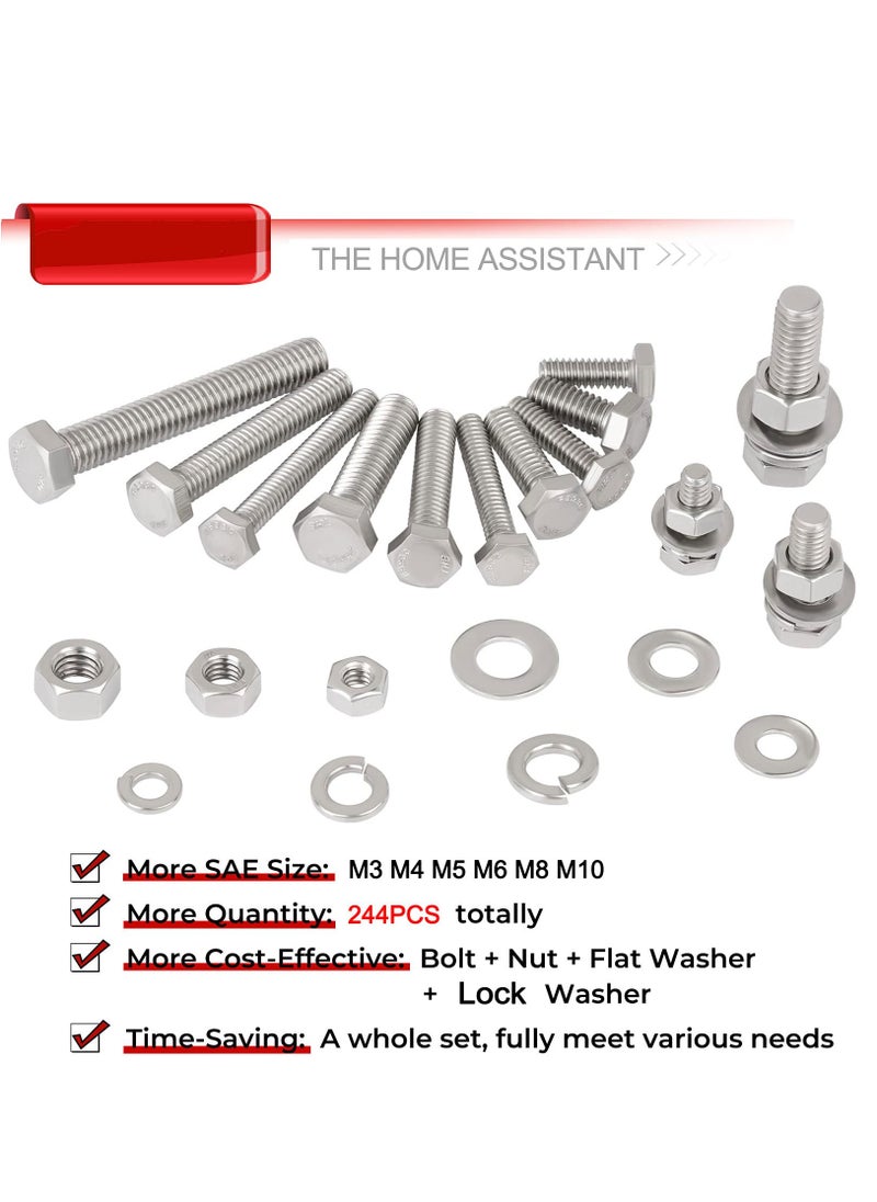SYOSI M3 M4 M5 M6 M8 M10 Screws Bolts Nuts Lock and Flat Gasket Washers Assortment Kit Stainless Steel Flat Hex Head Screws Bolts Nuts Precise Metric Screws and Nuts Set included Tool Box 244 PCS  - Image 5