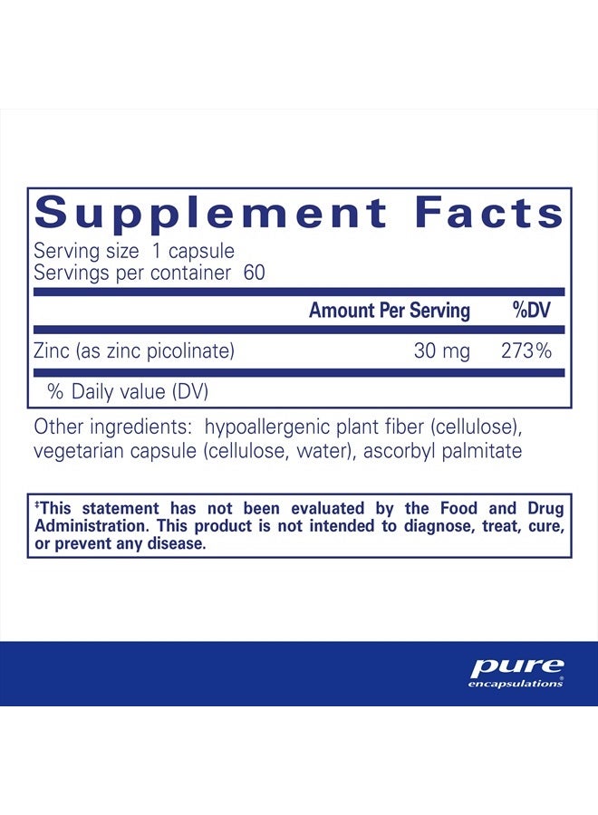 Pure Encapsulations Zinc 30 mg - Highly Absorbable - for Immune System Support - Zinc Picolinate - 60 Capsules - Image 2