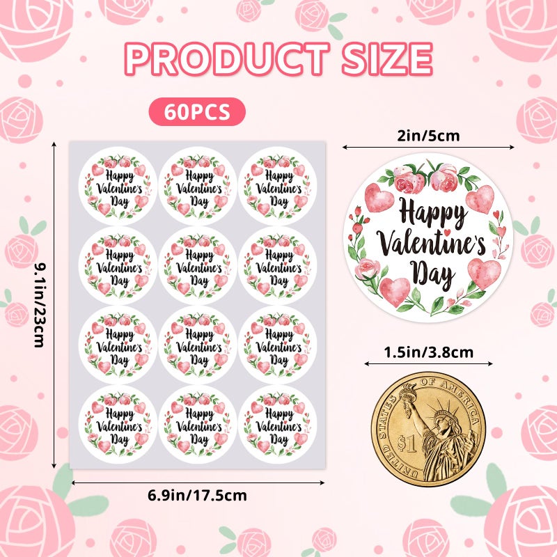 Yewfold Happy Valentines Day Stickers,2 Inch Round 60Pcs Valentines Day Stickers for Gift Wrapping, Envelopes, Cards, DIY Crafts (Rose) - Image 2