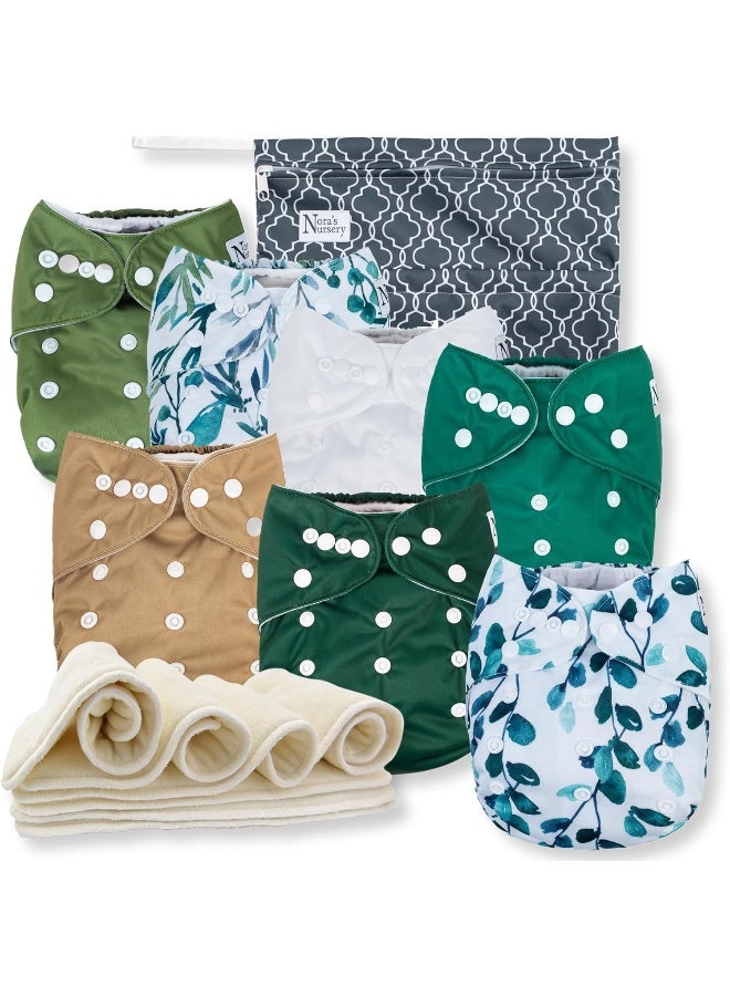 Nora's Nursery Morning Dew Cloth Diapers 7 Pack with 7 Inserts & 1 Wet Bag - Waterproof Cover, Washable, Reusable & One Size Adjustable Pocket Diapers for Newborns and Toddlers - Sage and Sea - Image 1