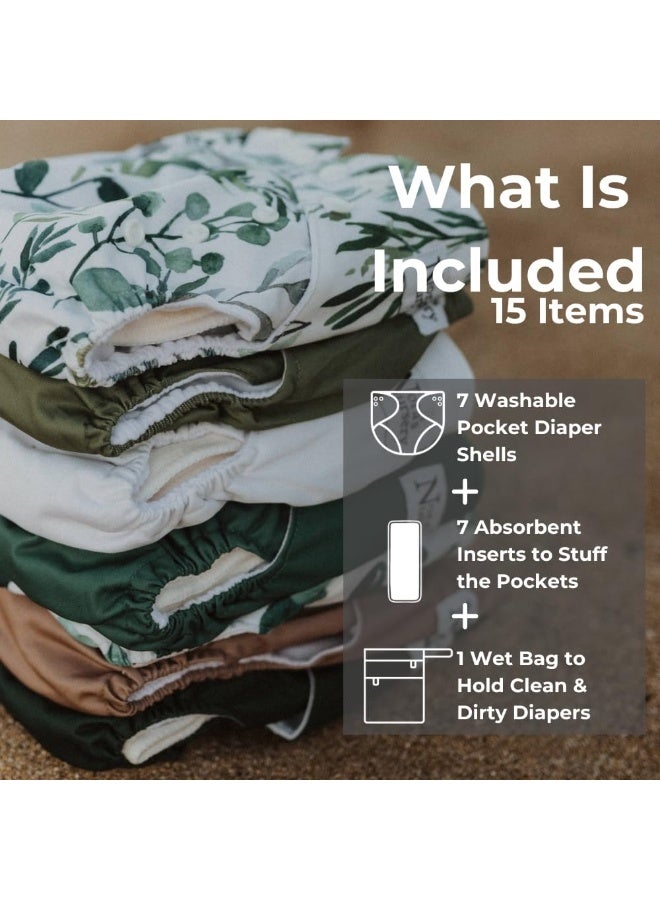 Nora's Nursery Morning Dew Cloth Diapers 7 Pack with 7 Inserts & 1 Wet Bag - Waterproof Cover, Washable, Reusable & One Size Adjustable Pocket Diapers for Newborns and Toddlers - Sage and Sea - Image 2