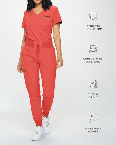 MONARCH UNIFORMS زي مونياركس النسائي الضيق المرن مجموعة سكرابز جوجر النسائية سكرابز جوجر الضيقة مع قمة قابلة للت tuck-in للنساء (كورال-XL) - Image 3