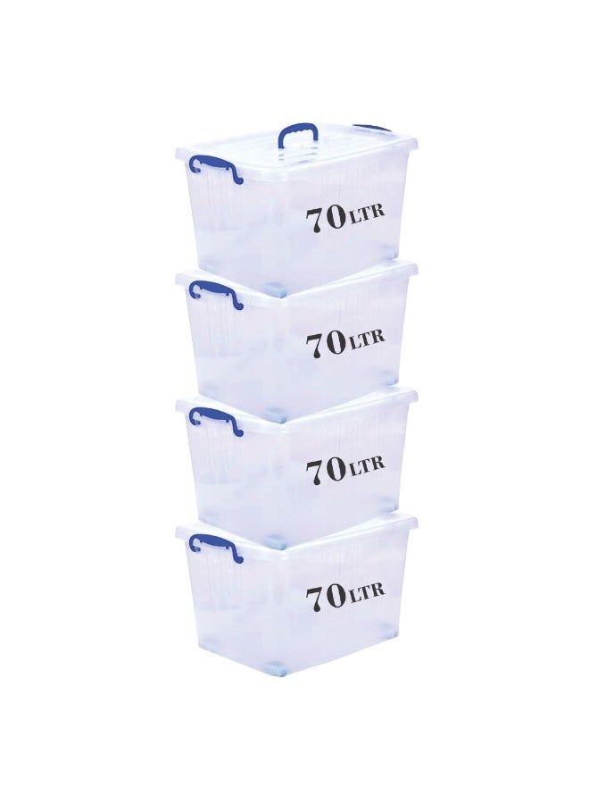 هيواري مجموعة صناديق تخزين بلاستيكية شفافة من HIWARE سعة 70 لترًا، 4 قطع، بأغطية قابلة للقفل | حاويات تنظيم شفافة للملابس والألعاب والأدوات والفنون والحرف اليدوية | حل تخزين قابل للتكديس بمقابض (4 × 70 لترًا) - Image 1