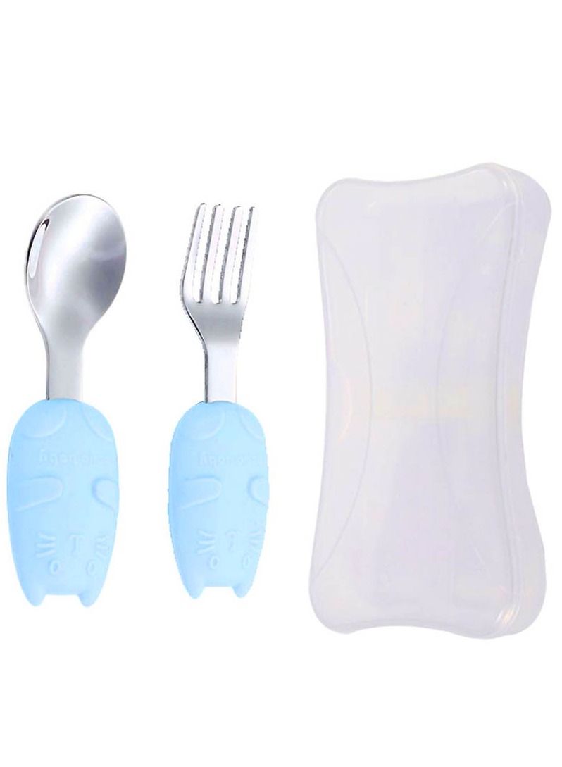 Brain Giggles BrainGiggles Cutlery Set with Case Stainless Steel Feeding Spoons for Babies with Silicone Handles Kids Cutlery Set with Case -Blue  - Image 1