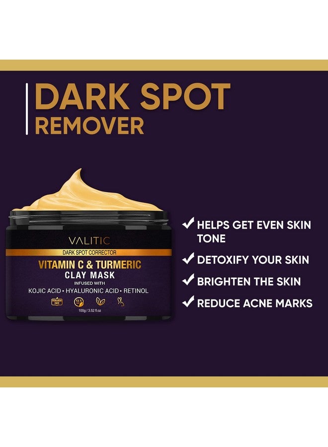 VALITIC Vitamin C & Turmeric Clay Mask Dark Spot Corrector With Kojic Acid Hyaluronic Acid & Retinol Skin Care Routine For Minimizing Pores & Blackheads With Applicator Brush 100G - Image 2