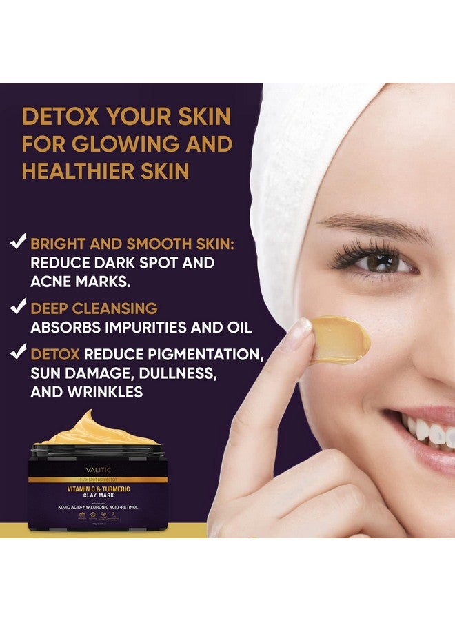 VALITIC Vitamin C & Turmeric Clay Mask Dark Spot Corrector With Kojic Acid Hyaluronic Acid & Retinol Skin Care Routine For Minimizing Pores & Blackheads With Applicator Brush 100G - Image 3