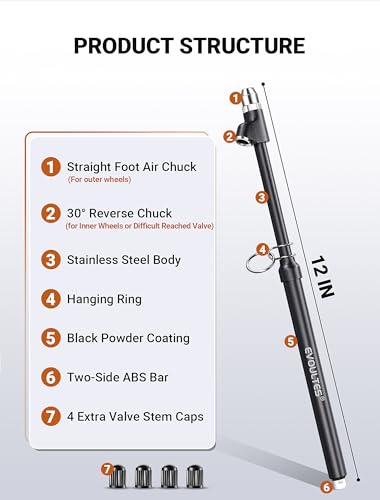 EVOULTES Heavy Duty Tire Pressure Gauge, Straight-On Dual Head Air Pressure Gauge Range 10-150 PSI, Air Gauge & 4 Valve Caps, Semi Truck Tire Gauge for Truck, RV, Car - Image 2