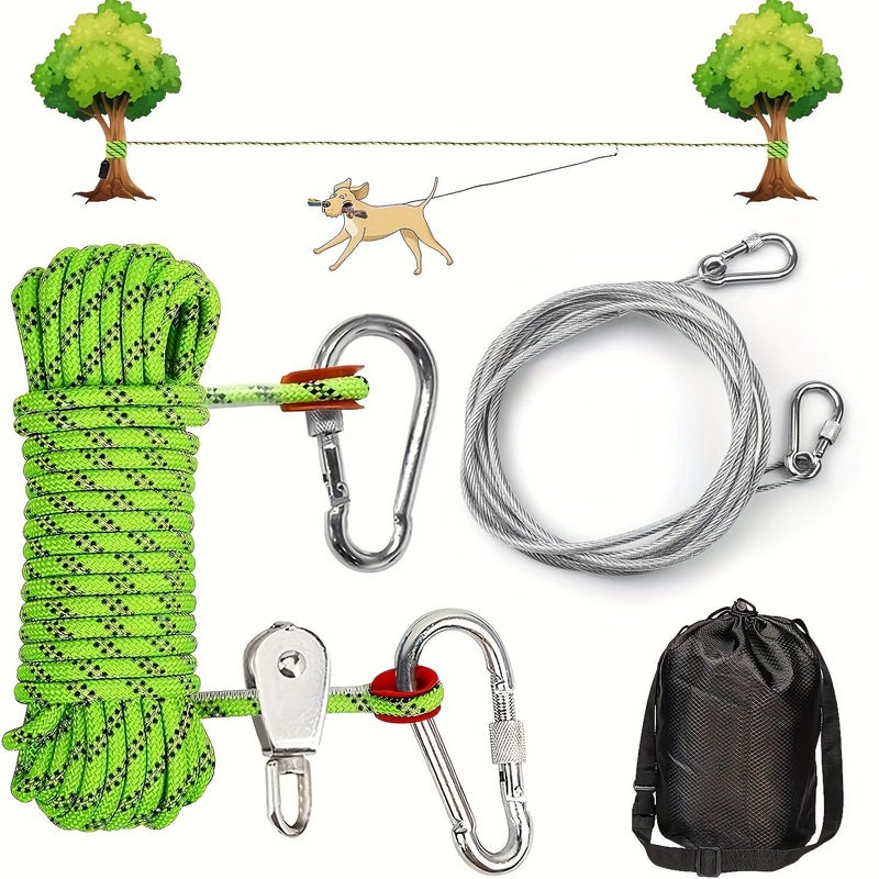Black Dog Trolley System With 50ft Reflective Rope And 12ft Runner Cable For Rotating Pet Exercise - Image 1