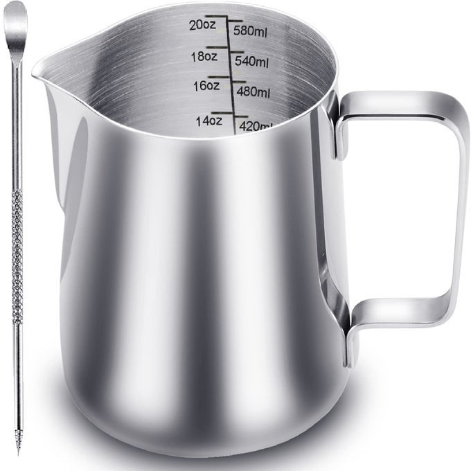 MILK FROTHING PITCHER 20 OZ STAINLESS STEEL ESPRESSO STEAMING PITCHER WITH DECORATING PEN FOR COFFEE ESPRESSO MACHINES CAPPUCCINO LATTE ART A SILVER