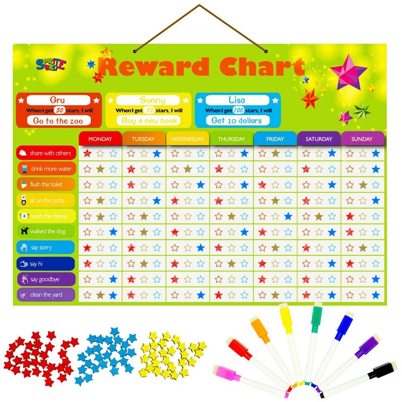Magnetic Reward Behavior Star Chore Chart for One or Multiple Kids Includes 8 Markers 60 Foam Backing Illustrated Chores 300 Stars in Red Yellow Blue X Large 17X12 inch Hanging Loop READY