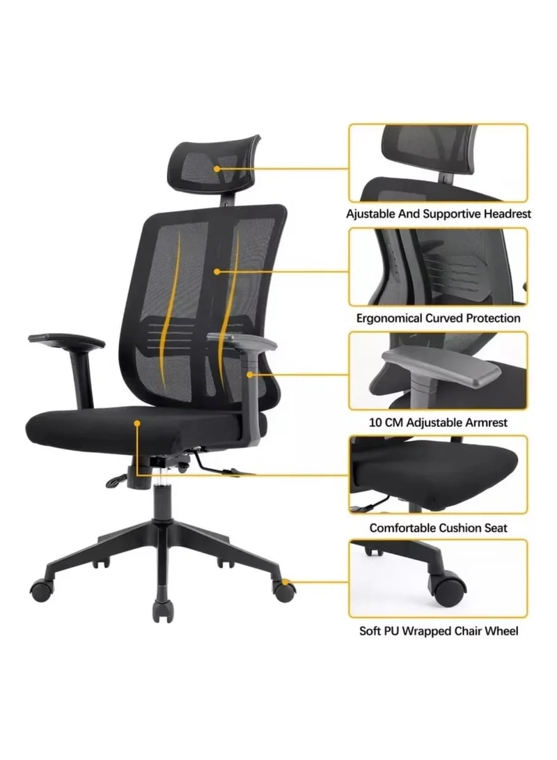 Cuisine Art Cuisine Art Office Chair, Comfort Ergonomic Height Adjustable Desk Chair with Lumbar Support Backrest & Headrest and Armrest 80X70X125Cm Black