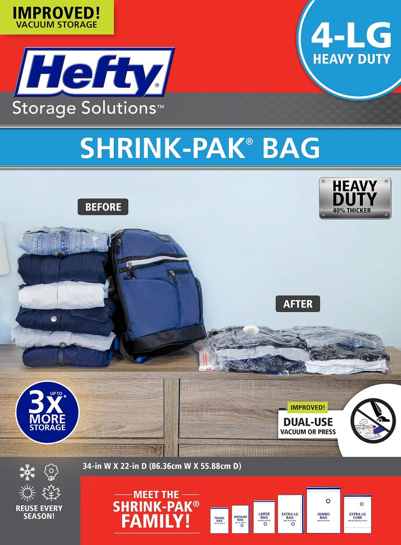Hefty Vacuum Bags for Clothes 4 Pack, Space Saving Large Vacuum Storage Bags (34 X 22 Inches) Compression Seal for Bedding, Travel Pump Included (4 Large Heavy Duty) - Image 1