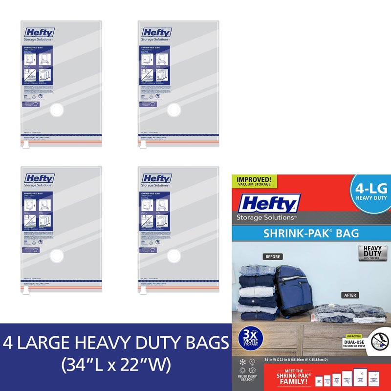 Hefty Vacuum Bags for Clothes 4 Pack, Space Saving Large Vacuum Storage Bags (34 X 22 Inches) Compression Seal for Bedding, Travel Pump Included (4 Large Heavy Duty) - Image 3