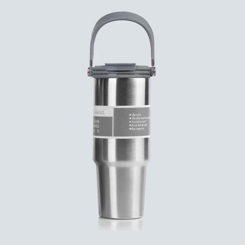 Vasukie 900ML Stainless Steel Tumbler with Straw and Top Handle, Leakproof Sipper Water Bottle, Dual Flip Lid for Office, Gym, Water, Coffee, Tea and Cold Drinks (Silver) - Image 2
