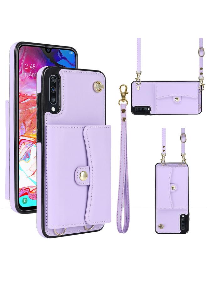 اس-توب جراب لهاتف Samsung Galaxy A70 مزود بفتحة بطاقة RFID من الجلد مع حبل طويل - Image 1