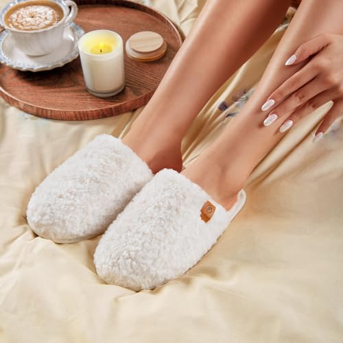 EverFoams Women's Fuzzy Slip-on Slippers Warm Cozy Soft Lightweight Memory Foam Indoor House Shoes Cream White, 5-6 US - Image 2