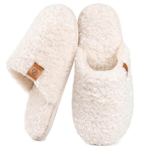EverFoams Women's Fuzzy Slip-on Slippers Warm Cozy Soft Lightweight Memory Foam Indoor House Shoes Cream White, 5-6 US - Image 1