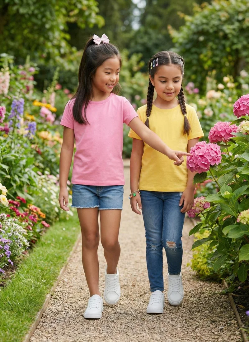 نوتيناتي Nautinati Girls' 100% Cotton Pack of 2 Solid Essentials Crew Neck T-shirts