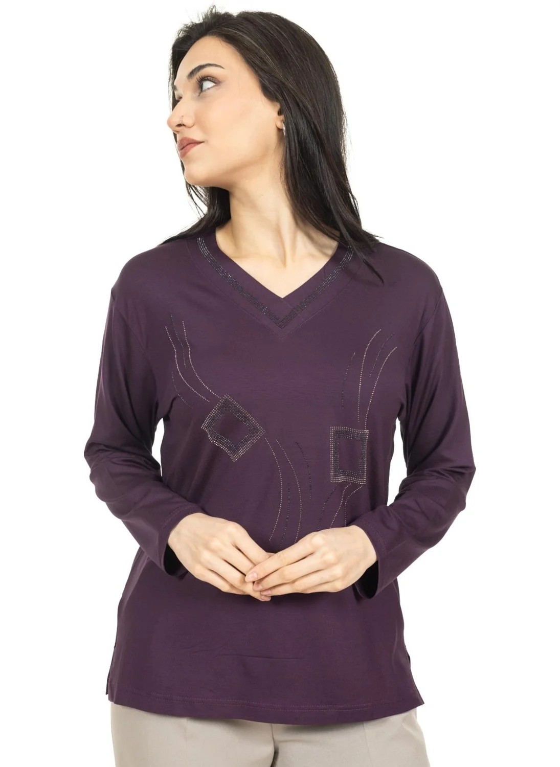 Mutlu City Women Middle Age and Above New Model V Neck Stone Embroidered Mother's Combed Cotton Blouse 30560