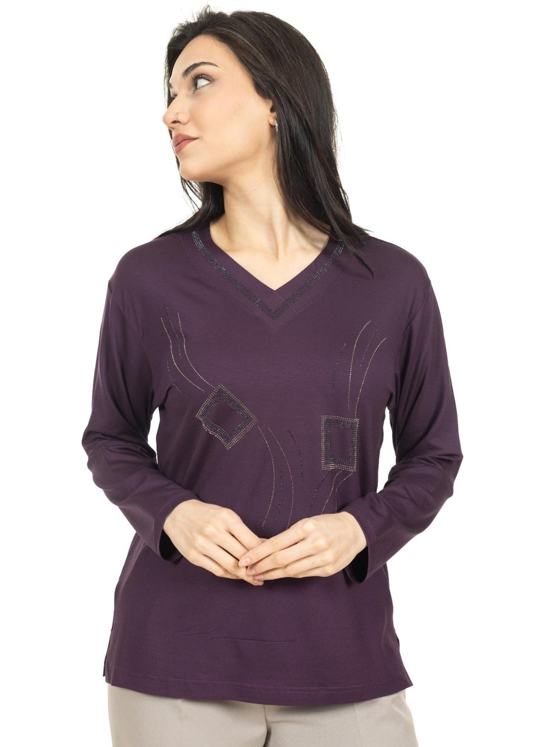 Mutlu City - Women Middle Age and Above New Model V Neck Stone Embroidered Mother's Combed Cotton Blouse 30560 - Image 1