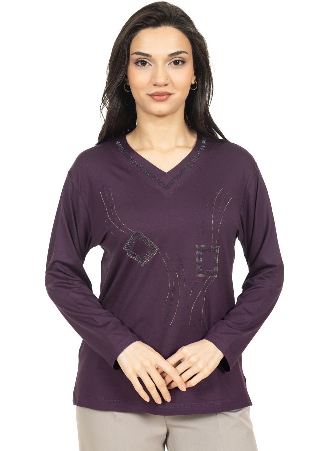 Mutlu City - Women Middle Age and Above New Model V Neck Stone Embroidered Mother's Combed Cotton Blouse 30560 - Image 1