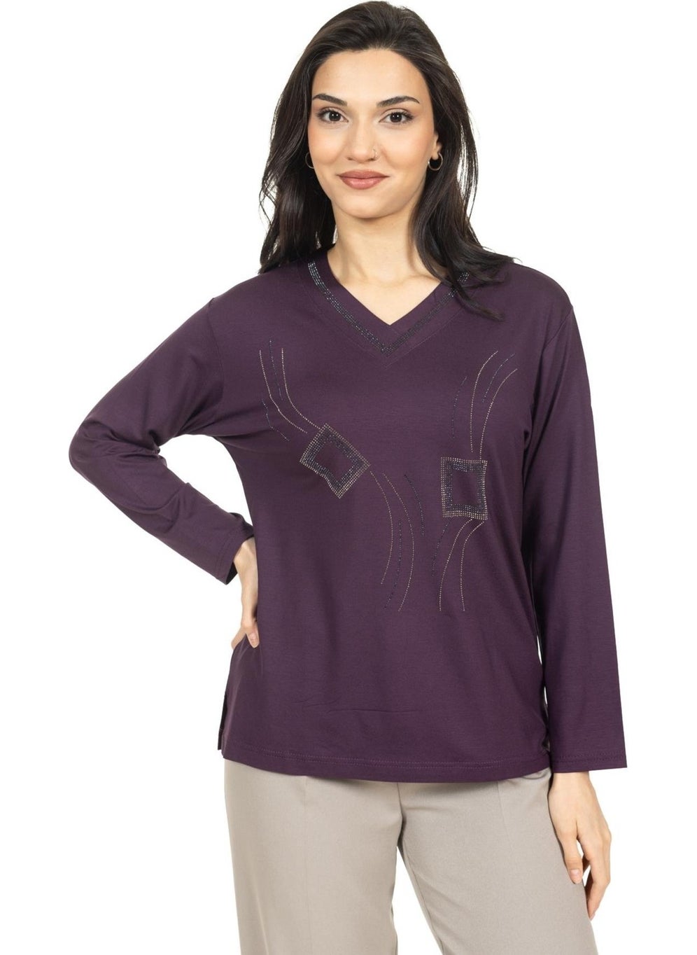 Mutlu City - Women Middle Age and Above New Model V Neck Stone Embroidered Mother's Combed Cotton Blouse 30560 - Image 1