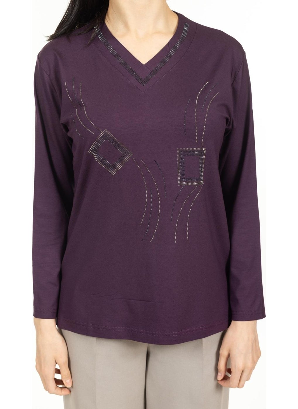Mutlu City - Women Middle Age and Above New Model V Neck Stone Embroidered Mother's Combed Cotton Blouse 30560 - Image 1