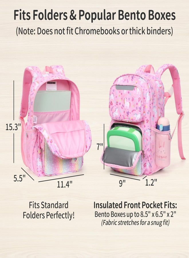 BrainyBees Kids Backpack for Girls Kindergarten - 15 Inch Lightweight School Bookbag Fits Folder, Unicorn Backpack for Kids 4-7 with Leakproof Insulated Pocket for Lunch and Snacks, Pink - Image 3