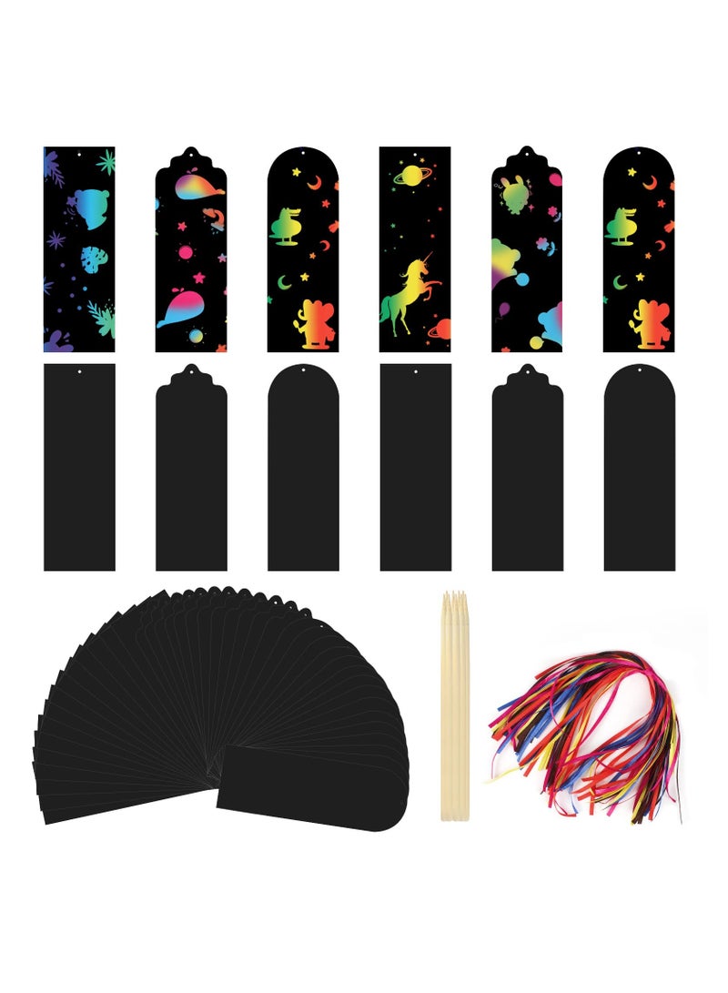 KASTWAVE 48 Pcs Magic Scratch Rainbow Bookmarks, Animal Scratch Art Bookmark Black Scratch Paper Bookmark with 48 Pcs Colourful Ribbons 24 Pcs Wooden Stylus for DIY Gifts for Kids - Image 1