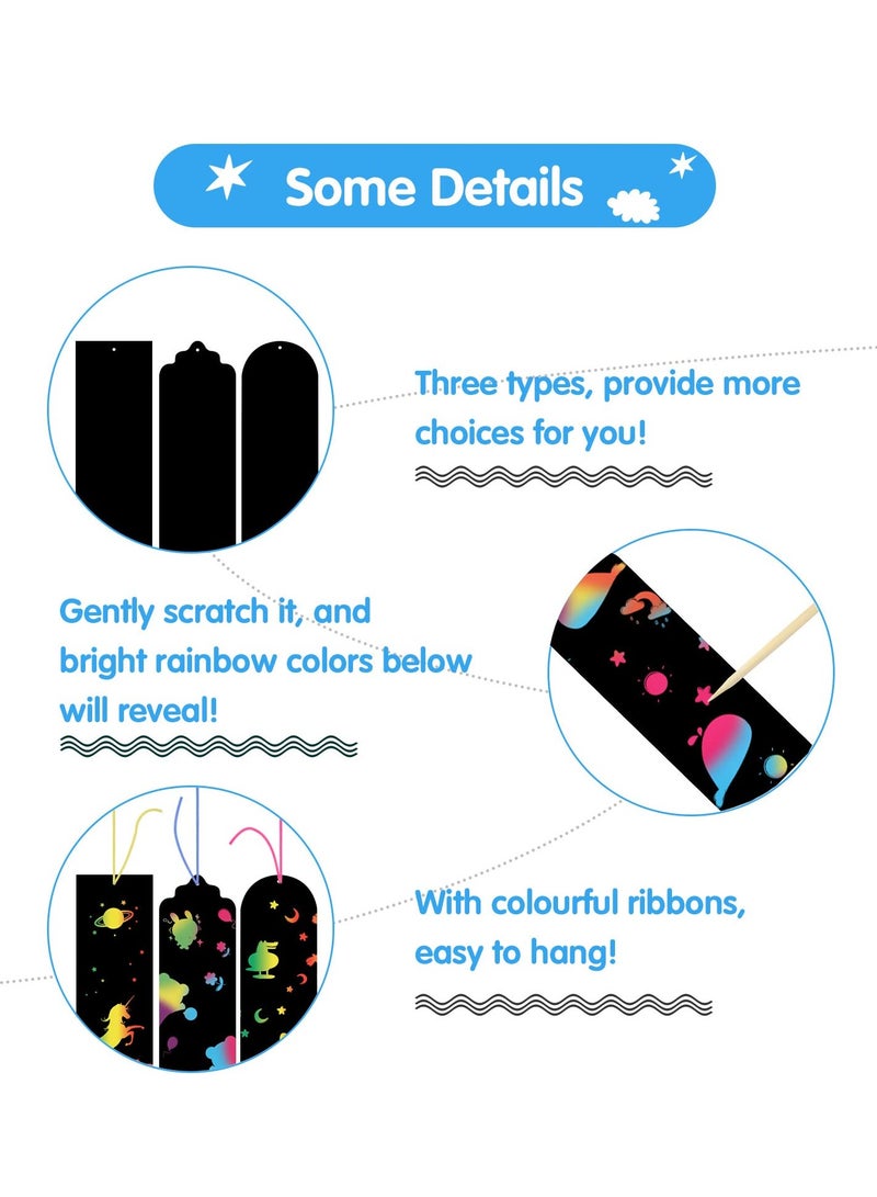 KASTWAVE 48 Pcs Magic Scratch Rainbow Bookmarks, Animal Scratch Art Bookmark Black Scratch Paper Bookmark with 48 Pcs Colourful Ribbons 24 Pcs Wooden Stylus for DIY Gifts for Kids - Image 3