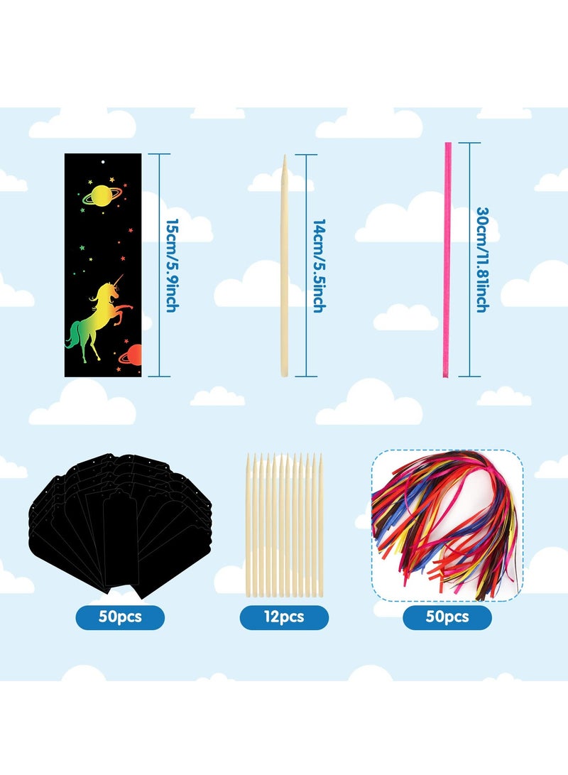 KASTWAVE 48 Pcs Magic Scratch Rainbow Bookmarks, Animal Scratch Art Bookmark Black Scratch Paper Bookmark with 48 Pcs Colourful Ribbons 24 Pcs Wooden Stylus for DIY Gifts for Kids - Image 2
