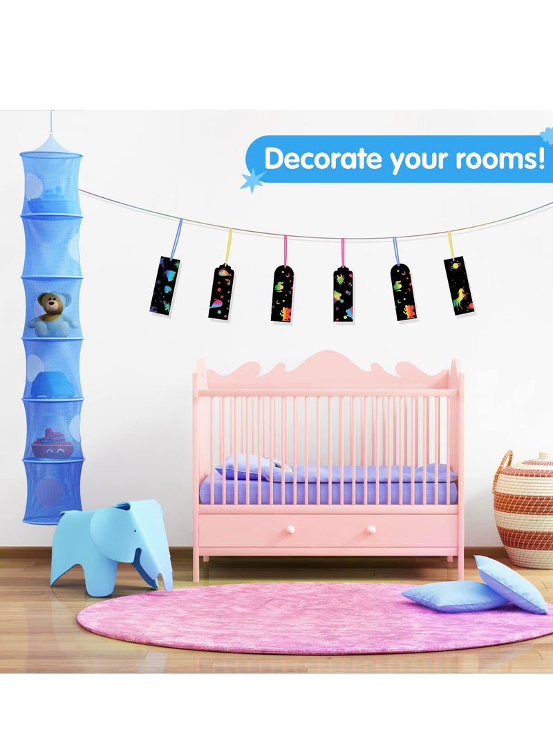 KASTWAVE 48 Pcs Magic Scratch Rainbow Bookmarks, Animal Scratch Art Bookmark Black Scratch Paper Bookmark with 48 Pcs Colourful Ribbons 24 Pcs Wooden Stylus for DIY Gifts for Kids - Image 5