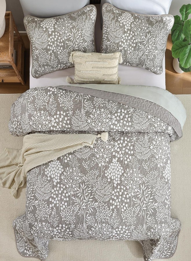 WONGS BEDDING Gray Quilt Set King Size, Botanical Print Bedspread Coverlet Set, Soft Lightweight Farmhouse Floral Quilt Bedding Set for All Season (104"x90") - Image 4