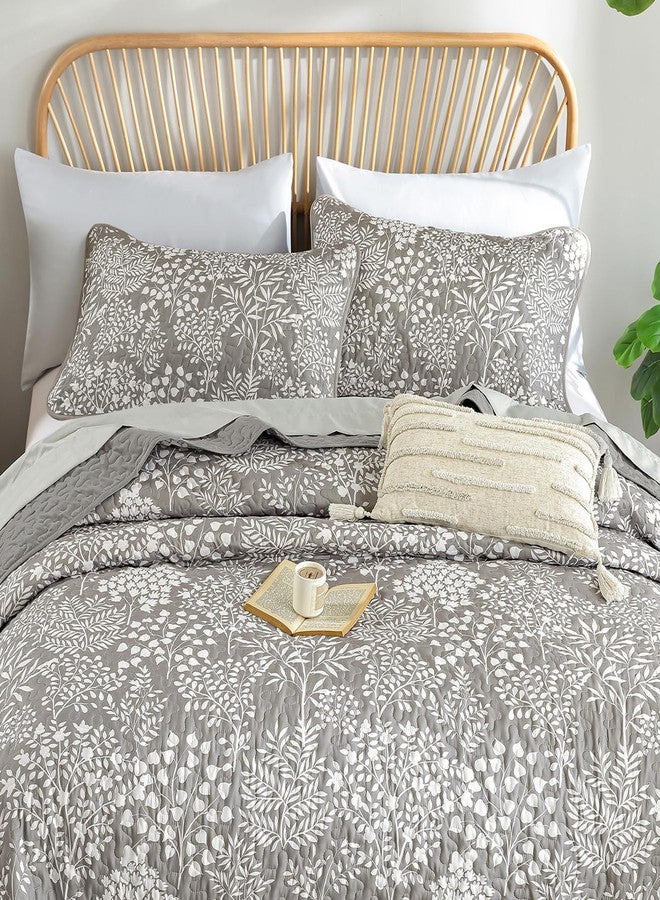 WONGS BEDDING Gray Quilt Set King Size, Botanical Print Bedspread Coverlet Set, Soft Lightweight Farmhouse Floral Quilt Bedding Set for All Season (104"x90") - Image 5