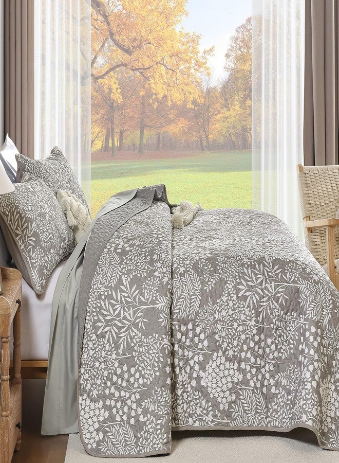 WONGS BEDDING Gray Quilt Set King Size, Botanical Print Bedspread Coverlet Set, Soft Lightweight Farmhouse Floral Quilt Bedding Set for All Season (104"x90") - Image 3