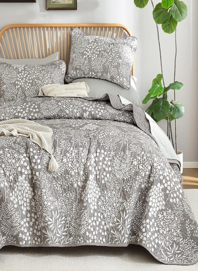 WONGS BEDDING Gray Quilt Set King Size, Botanical Print Bedspread Coverlet Set, Soft Lightweight Farmhouse Floral Quilt Bedding Set for All Season (104"x90") - Image 1