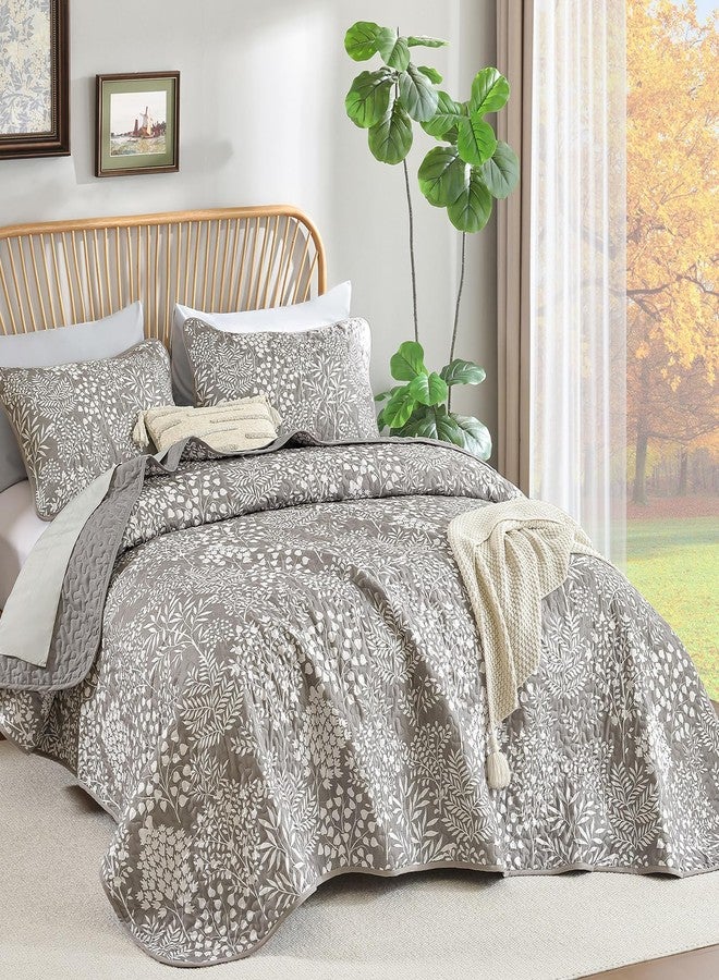 WONGS BEDDING Gray Quilt Set King Size, Botanical Print Bedspread Coverlet Set, Soft Lightweight Farmhouse Floral Quilt Bedding Set for All Season (104"x90") - Image 2