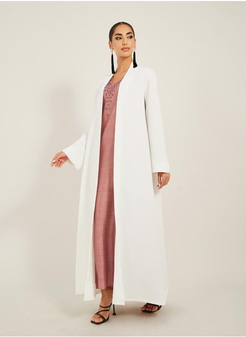 texture fabric front open abaya with high neck detail