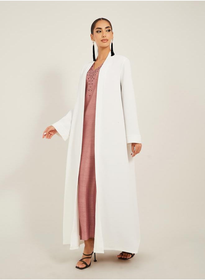 Styli - texture fabric front open abaya with high neck detail - Image 1