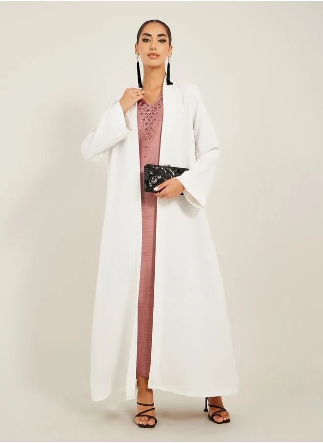 Styli texture fabric front open abaya with high neck detail