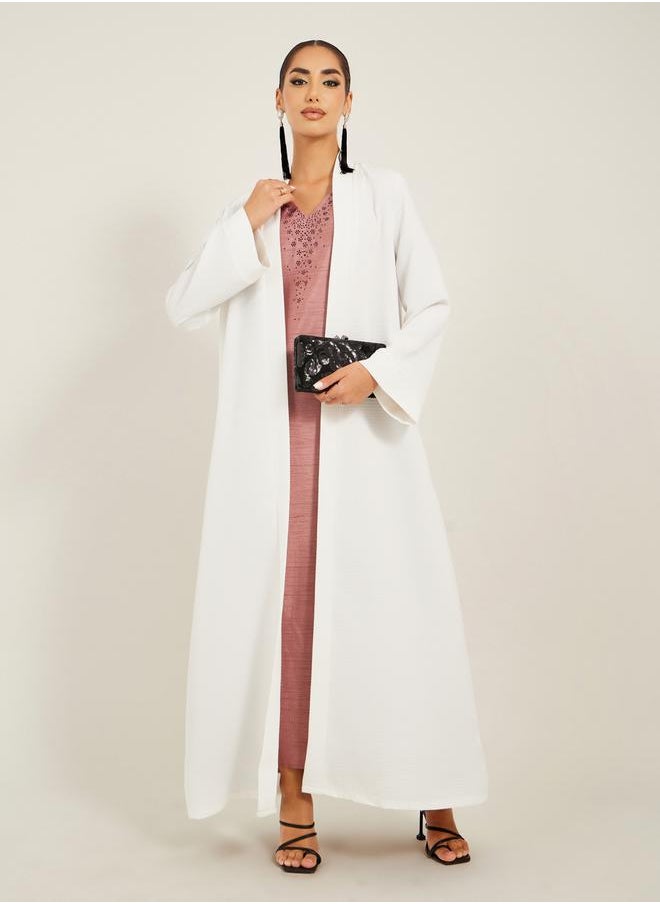 Styli - texture fabric front open abaya with high neck detail - Image 1
