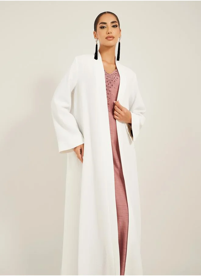 Styli texture fabric front open abaya with high neck detail