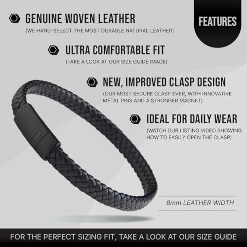 LUXAR Men’s Genuine Leather Bracelet | Interwoven Black Leather Bracelets with Brush Stainless Steel Clasp | Minimalist, Designer Jewelry for Men (Black XL) - Image 3