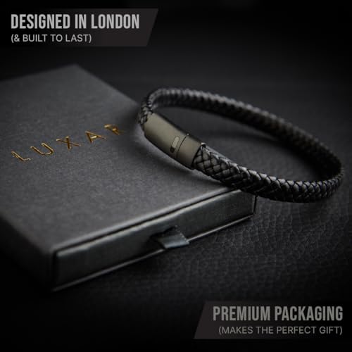 LUXAR Men’s Genuine Leather Bracelet | Interwoven Black Leather Bracelets with Brush Stainless Steel Clasp | Minimalist, Designer Jewelry for Men (Black XL) - Image 4