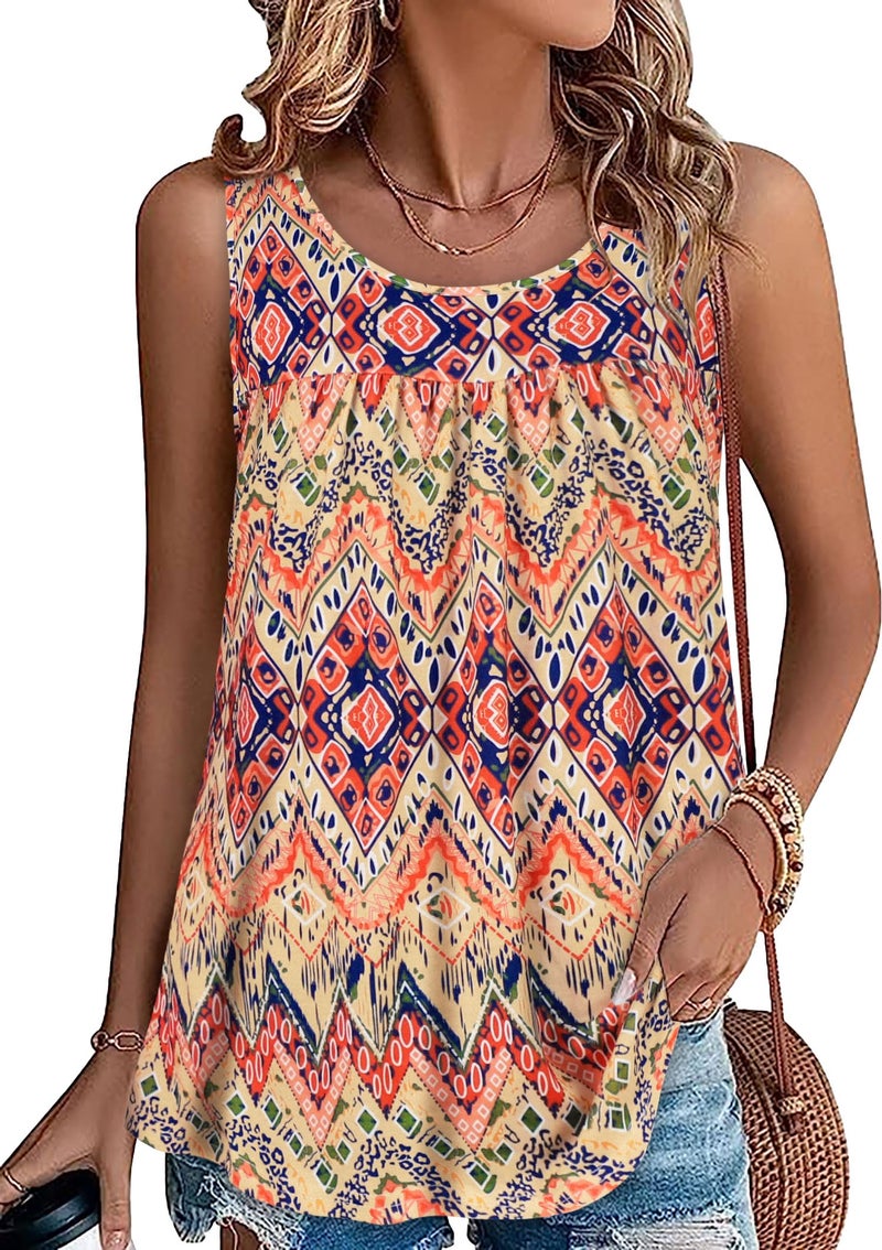 CHICGAL Women's Summer Tank Tops Camis Pleated Front Tops Workout Casual Outfits(Orange Ethnic,M) - Image 1