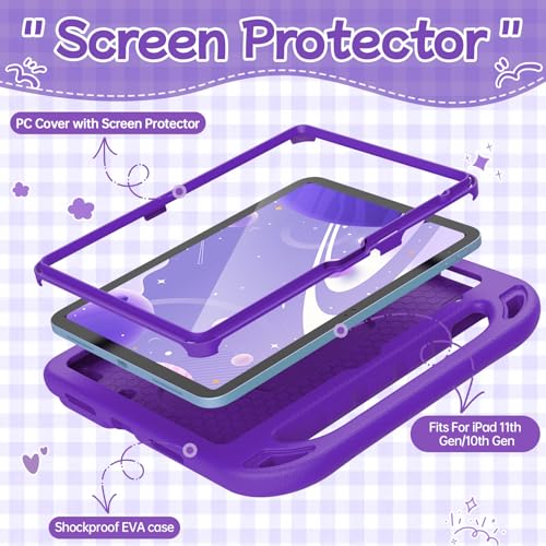 BMOUO Kids Case for iPad 11th Generation (A16) 11 Inch 2025/iPad 10th Generation 10.9" 2022 - with Built-in Screen Protector, Shockproof Handle Stand iPad 11th/10th Generation Case for Kids, Purple - Image 3